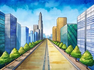 Fototapeta premium Urban landscape featuring a long, sleek sidewalk along a road lined with tall skyscrapers and modern architecture under a bright blue sunny sky.