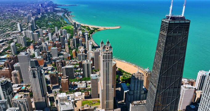 Splendid scenery of Chicago downtown and amazing Lakeshore Drive. Tower of john Hancock Center at the foreground.