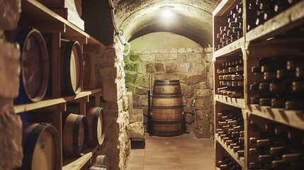 Close-Up of Wine Rack with Bottles of Wine on Wooden Shelves