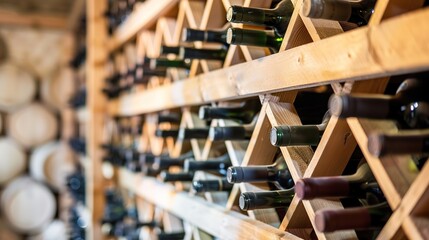 Close-Up of Wine Rack with Bottles of Wine on Wooden Shelves