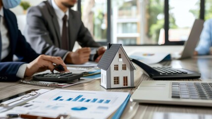 Businessman calculating home project purchase budget and calculating financial risk for client using calculator