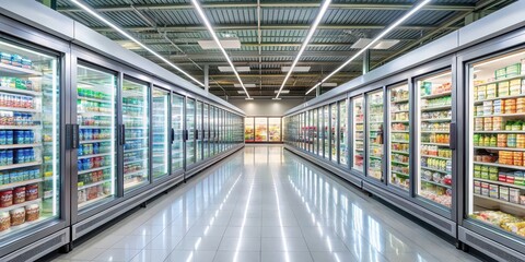 Empty supermarket aisle with freezers showcases and various products, supermarket, aisle, empty, freezers, showcases, products