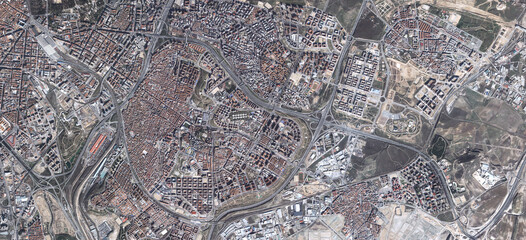 Aerial, state map and satellite view of landscape, nature and city outdoor with town pattern. Land, urban and above with houses, neighborhood and roads with commercial development from top terrain