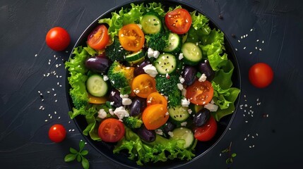 A vibrant, fresh salad with tomatoes, cucumbers, olives, and feta cheese on a dark background, perfect for healthy eating inspiration.
