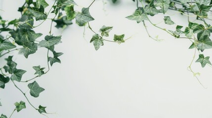 Close up shot of green vines on a white backdrop with a soft pastel color palette suitable for background with shallow depth of field
