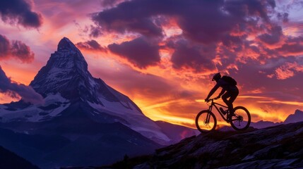 Fototapeta premium A mountain biker rides along a rocky trail, their silhouette visible against a fiery sunset sky with the iconic Matterhorn peak in the background