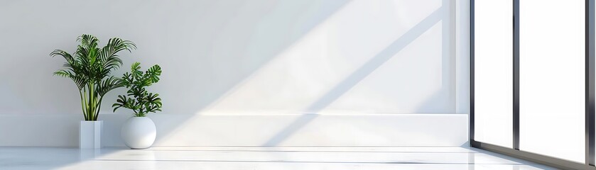 Minimalist White Room with Plants and Sunlight 3D Illustration