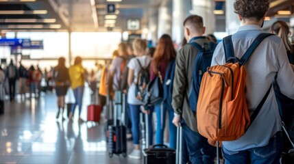 Passengers with luggage waiting in line at airport