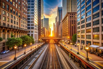 Fototapeta premium Elevated train tracks weave through urban landscape, surrounding buildings in Chicago City Center, warm golden light casting a serene atmosphere over the bustling metropolis streets.