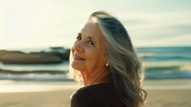 A woman walking along a secluded beach her grey hair blowing in the wind embodying effortless grace and natural beauty.