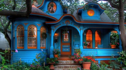Fototapeta premium Charming blue Victorian house with warm lights, ornate details, and surrounded by lush greenery and potted plants.