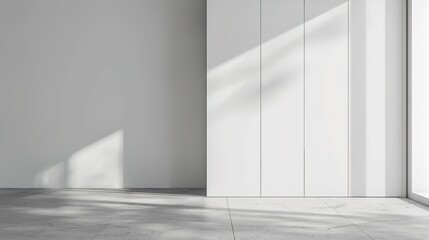 Minimalist White Room with Concrete Floor and Large Windows, Featuring an Empty Table and Reception Desk