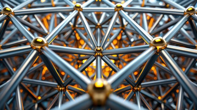 Close-up view of a complex geometric metal structure with interconnected rods and glowing nodes, showcasing engineering and technology.