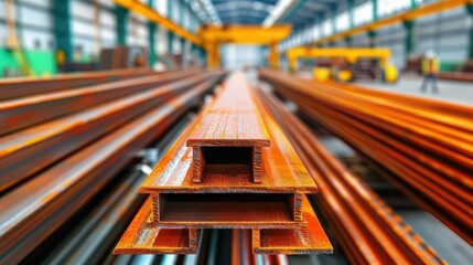 Long steel beams arranged in a large industrial warehouse, highlighting construction materials and structural beam design in manufacturing.