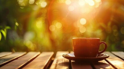 Close up coffee cup on wooden surface with blurred backdrops Idea of morning coffee