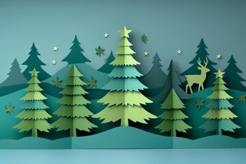 Fototapeta premium Simplistic illustration of a forest with green trees and stars in the night sky