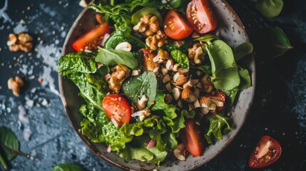 A fresh, vibrant green salad with cherry tomatoes, walnuts, and mixed greens in a rustic bowl, perfect for a healthy meal.