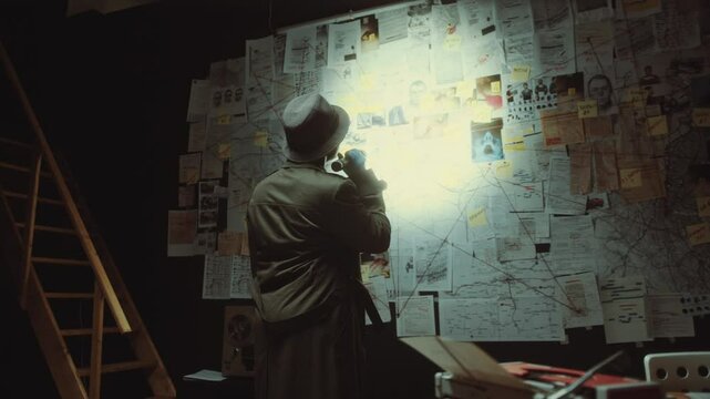 Mid-aged Black detective in gloves, trench coat and hat looking at evidence board with flashlight, then picking up bloody banknote from crime scene and examining clue in dark office during the night