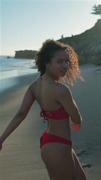 Young Woman Red Bikini Beach
