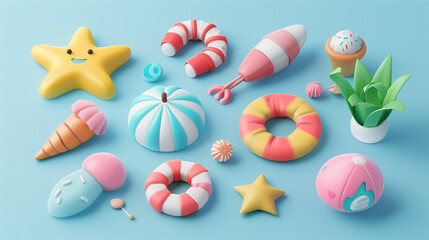 3d pastel summer icon set 