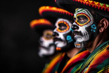 Fototapeta premium Skeleton symbols for Dia De Los Muertos, detailed face paint and costumes with vibrant colors, cultural significance, traditional celebration, vintage style, high detail