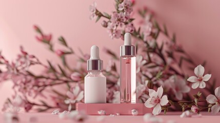 Elegant flower mockup for showcasing cosmetic or medical items Bach therapy incorporating bottles with flower essence