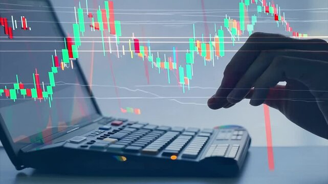 Close-up of a hand calculating on a desk, with a double exposure of a glowing falling forex chart and index grid on a blurry background, illustrating the themes of financial crisis, accounting, and ec