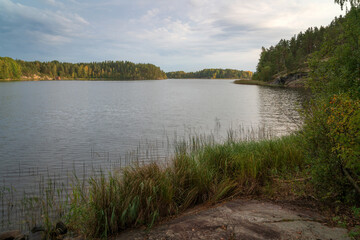 View from the shore of Lake Ladoga near the village of Lumivaara on a sunny autumn day, Ladoga skerries, Lahdenpohya, Republic of Karelia, Russia