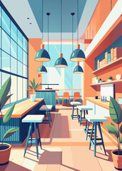 Fototapeta premium Modern cafe interior with pink and white walls, wooden floor, and stylish furniture. Minimalist design, cozy atmosphere. Concept of contemporary cafe space.