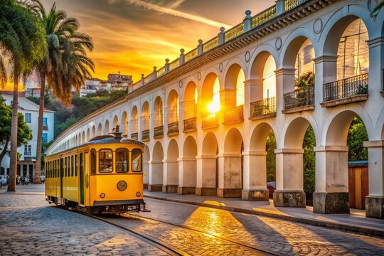 Vibrant yellow tram rolls over ancient Lapa arches as sunset casts warm golden light on cobblestone streets of picturesque Rio de Janeiro's charming historic district.