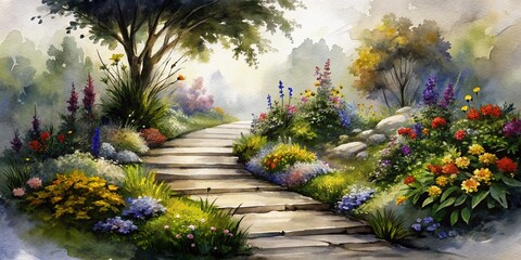 Fototapeta premium Serene watercolor illustration of a winding path unfolding on a spiritual journey, amidst lush greenery and vibrant flowers, set against a soothing complementary color palette.