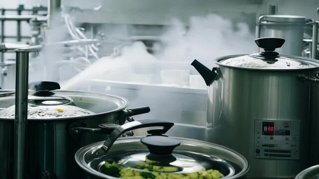 Steam escaping from large industrial pressure cookers as they process vegetables.