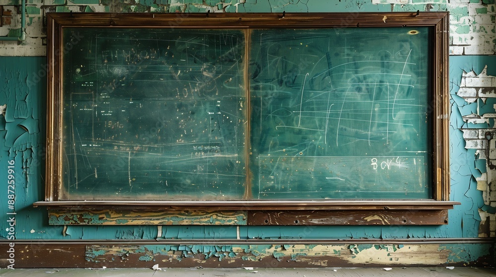 Poster Three section green felt tack board on wall of old empty classroom in deserted abandoned school : Generative AI