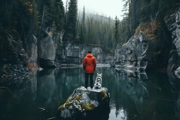 A back view cinematic photo of a man in a red jacket standing on a rock with his dog next to him, a forest and lake with black rocks around