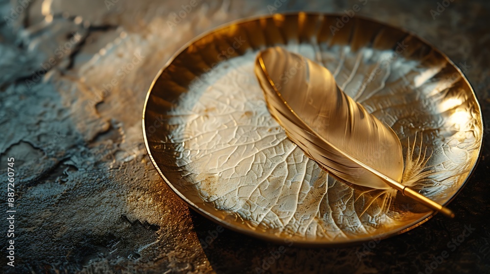 Poster a golden feather plate on the table a feather plate with a sharp shadow detail of kitchen utensils i