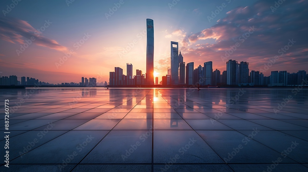 Poster empty square floors and city skyline with modern buildings at sunset in suzhou jiangsu province chin
