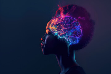 Obraz premium Side view of a young woman with glowing brain on dark background, banner design