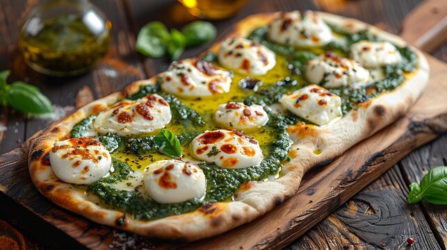 Pinsa Romana with mozzarella cheese and basil pesto on wooden table : Generative AI