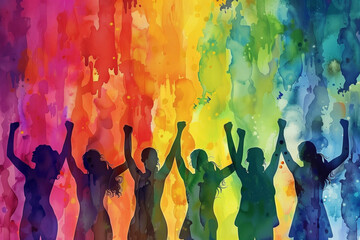 Silhouettes of Women Raising Fists in Unity and Strength Against a Vibrant Watercolor Rainbow Background