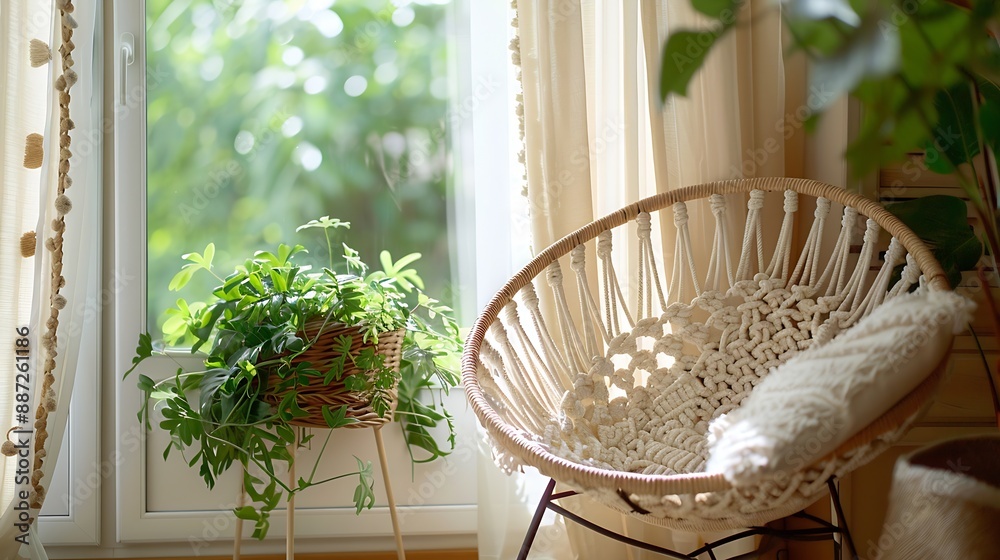 Canvas Prints Modern cozy beautiful room with a braided rope macrame chair green plants and a window with curtains Interior and background Location for photo shooting : Generative AI