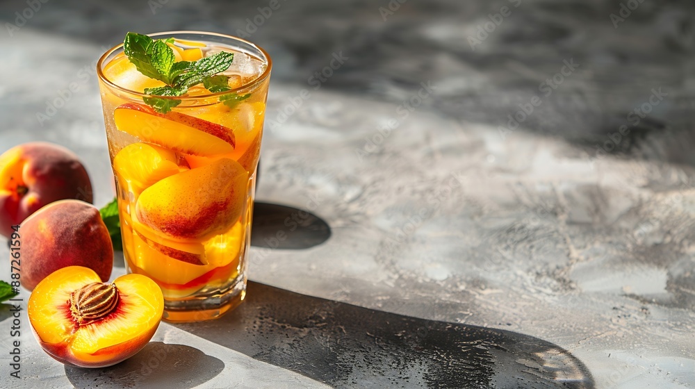 Leinwandbilder refreshing peach iced mint tea the concept of a healthy homemade cold summer drink in a tall glass o