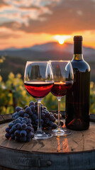 glasses filled with wine. There are grapes next to the glass. Wine day