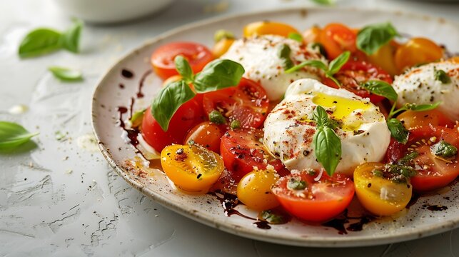 Traditional Italian salad with Burrata cheese and tomatoes Fancy caprese with burrata cheese cherry tomatoes pesto and balsamic sauces Summer dish with mozzarella cheese on white table : Generative AI