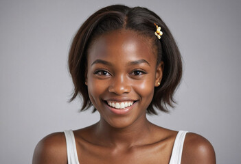 Portrait view of a regular happy smiling Republic of the Congo girl, ultra realistic, candid, social media, avatar image, plain solid background