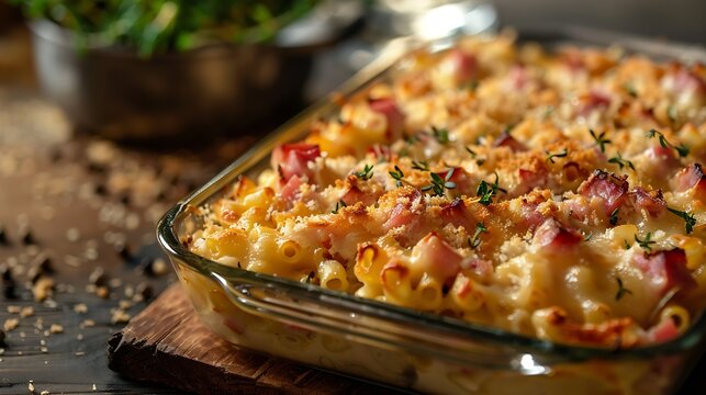 Austrian Baked Ham Cheese and Noodle Casserole closeup on the baking dish on the table Horizontal : Generative AI