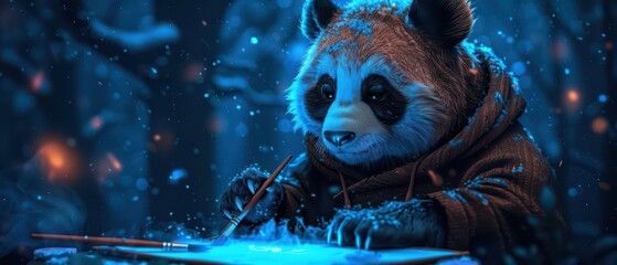 A panda in a painters smock is creating a mystical landscape on a glowing canvas