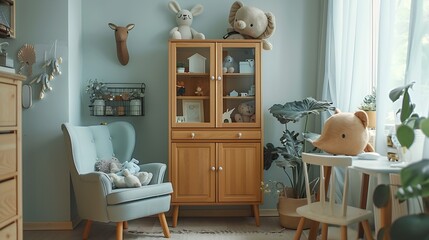 Interior design of scandinavian childroom with wooden cabinet mint armchair white desk a lot of plush and wooden toys Eucalyptus color of background walls Plush animal head on the wall : Generative AI