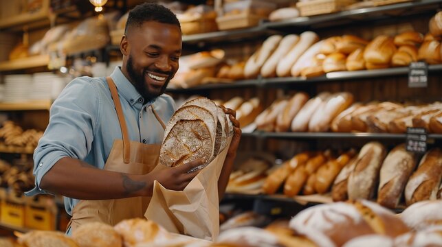 Positive young african american male seller in apron putting fresh baked bread into paper bag while standing near shelves during work process : Generative AI