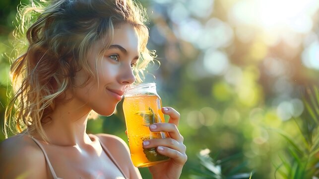 Happy Woman Drinking Refreshing Kombucha in the Sunlight surrounded by Nature : Generative AI