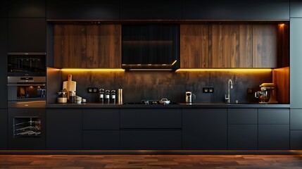 kitchen area in a chic expensive interior of a luxury home with a dark black and brown modern design with wood trim and led light : Generative AI